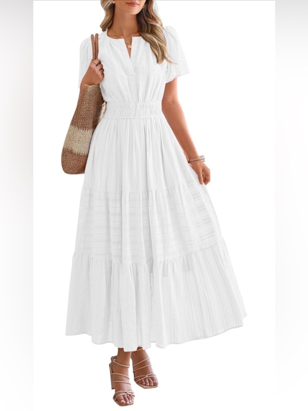 Women's White Lightweight Short Sleeve V Neck Boho Beach Maxi
